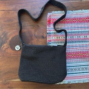 The Sak Crochet Brown Hobo Shoulder‎ Bag Boho Small Purse Zip Closure